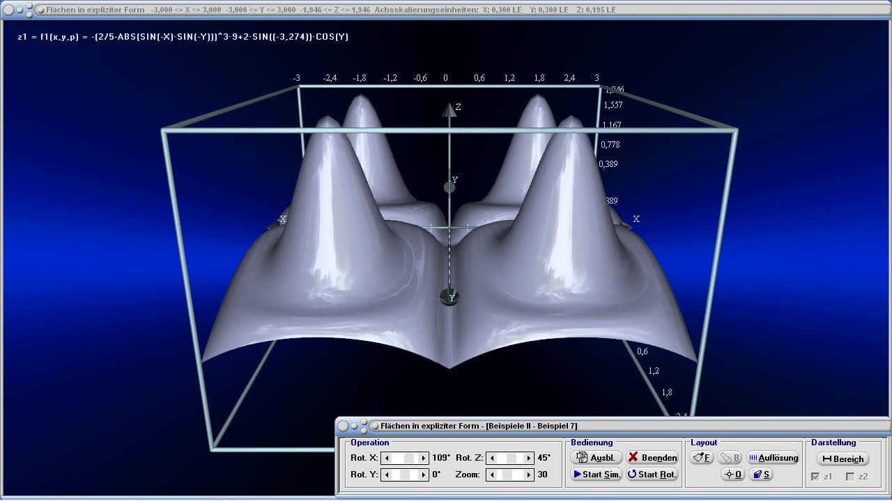 Flächen mit Funktion in expliziter Form - Bild 6 - 3D-Fläche - 3D-Plotter - Plotten - Graph - 3D-Funktionsplotter - Zeichnen - Plot - Berechnung - Grafik - Rechner - Berechnen - Beispiel - Grafikrechner - Plotter - Darstellen - 3D-Graphen erstellen - Flächen im Raum - Flächendarstellung im Raum - Flächen von Funktionen mehrerer Veränderlicher